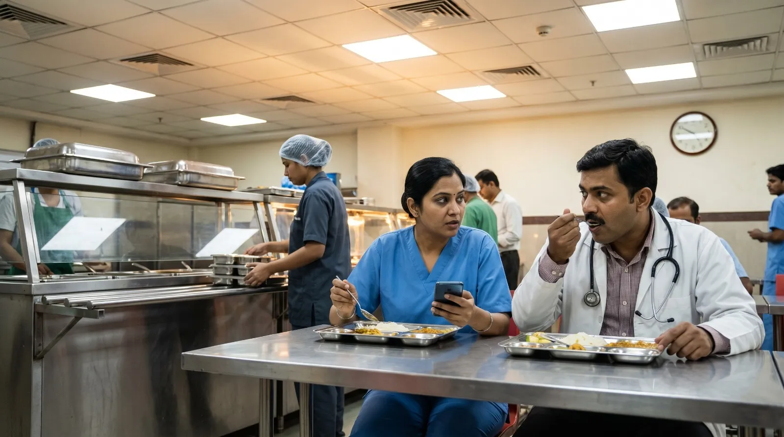 Hospital staff dining in cafeteria managed with healthcare canteen and meal tracking software