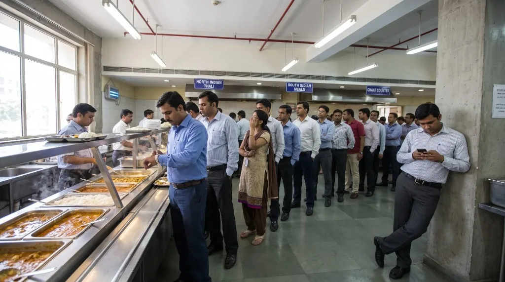 Employees waiting in long cafeteria queues during peak lunch hours at a corporate office