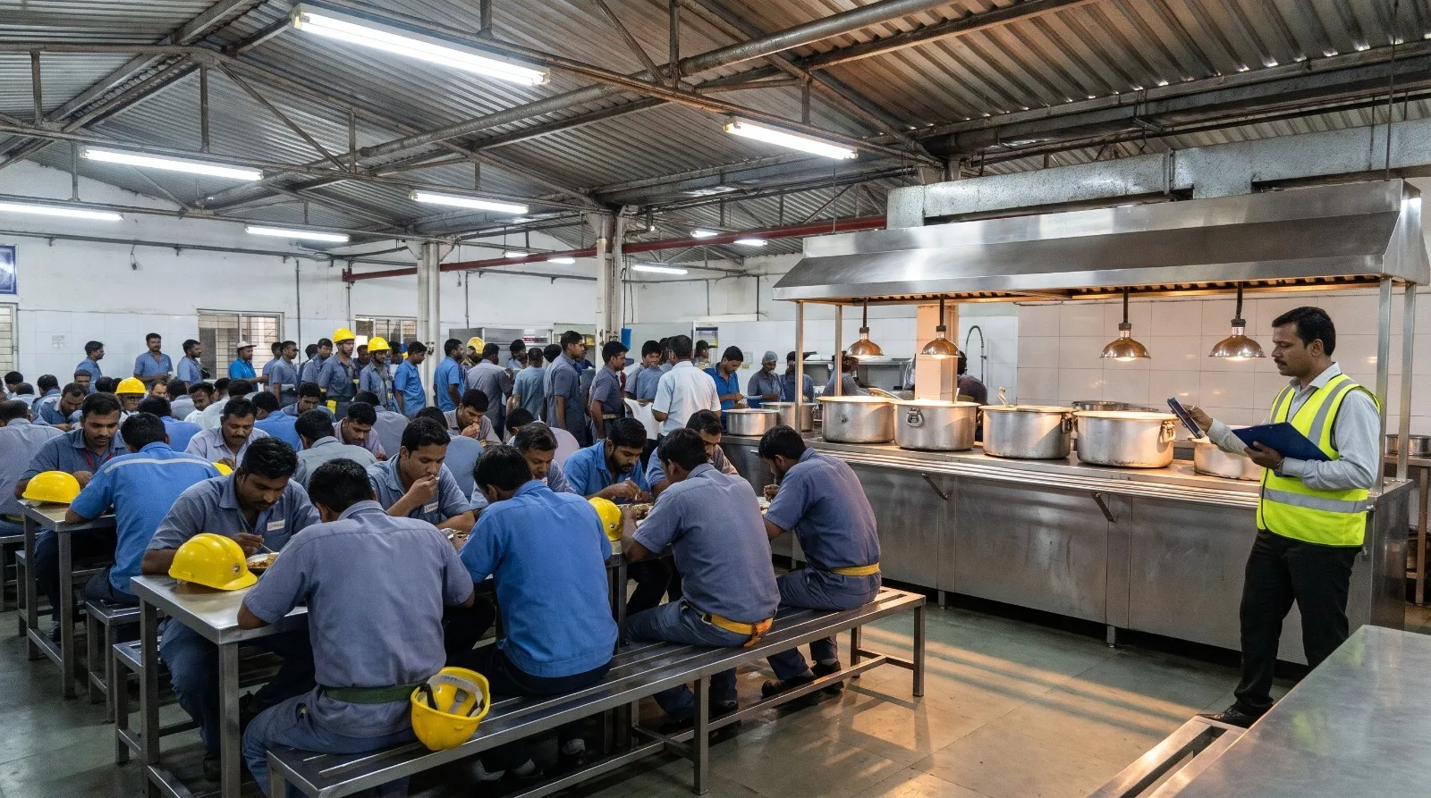 Manufacturing unit workers dining in shift-based factory cafeteria with high-volume meal service