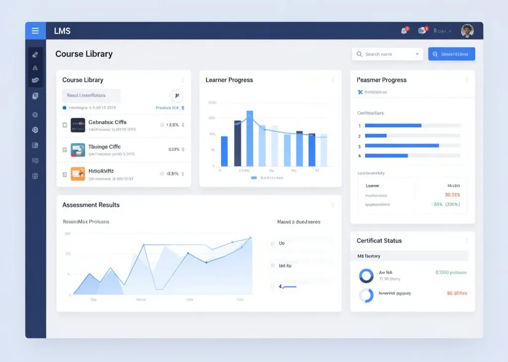 LMS dashboard showing course library, learner progress tracking, assessment results, and certification status