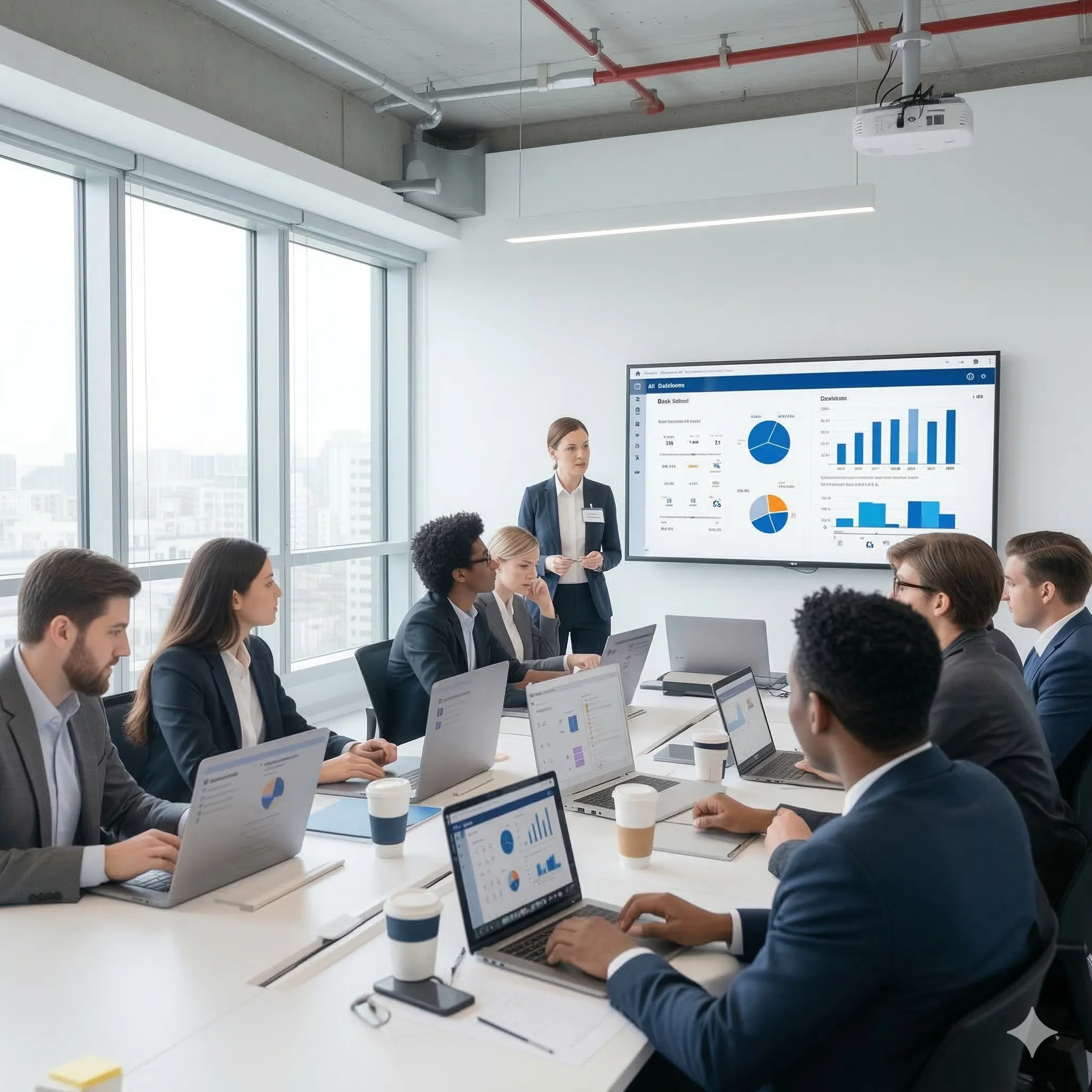 Team collaborating using the LMS platform in a modern office environment